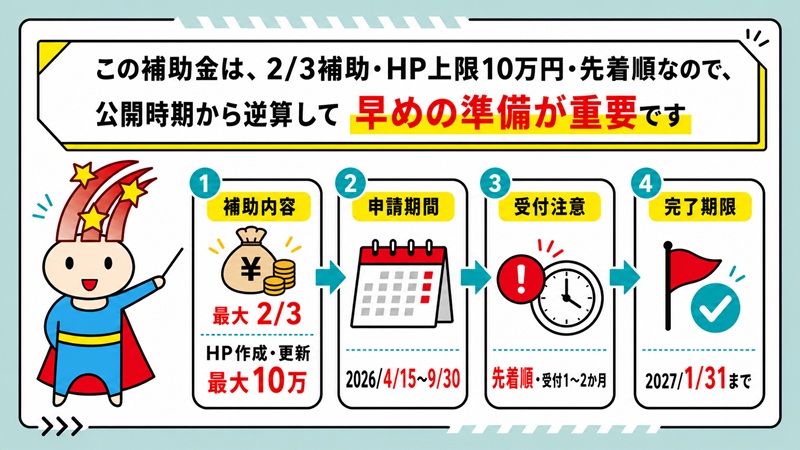 この補助金は3分の2補助・ホームページ上限10万円・先着順なので、公開時期から逆算して早めの準備が重要です