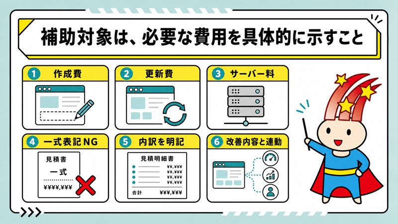 補助対象は、必要な費用を具体的に示すこと