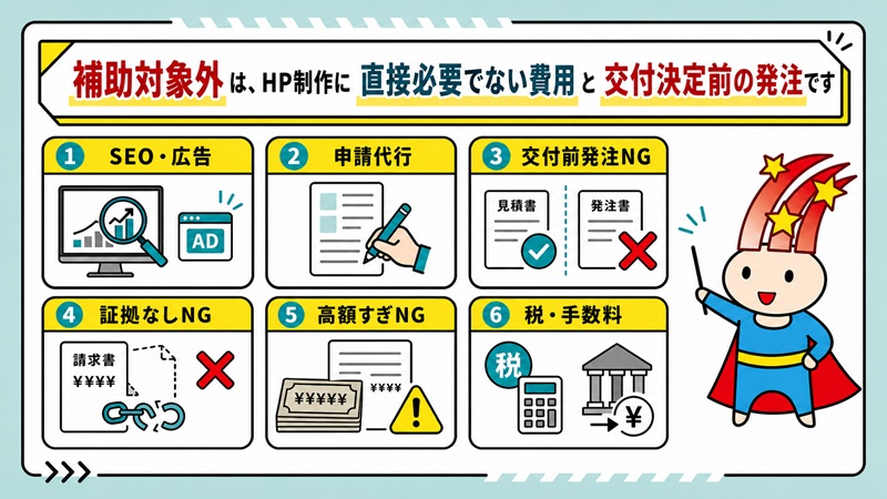 補助対象外は、ホームページ制作に直接必要でない費用と交付決定前の発注です