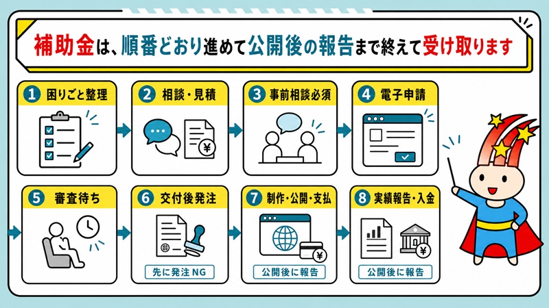 補助金は、順番どおり進めて公開後の報告まで終えて受け取ります
