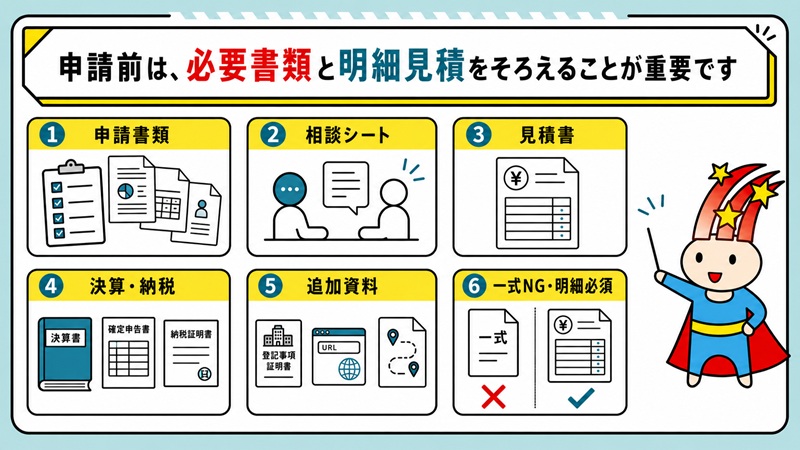 申請前は、必要書類と明細見積をそろえることが重要です