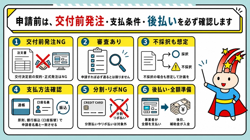 補助金の申請前は、交付前発注・支払い条件・後払いを必ず確認します。
