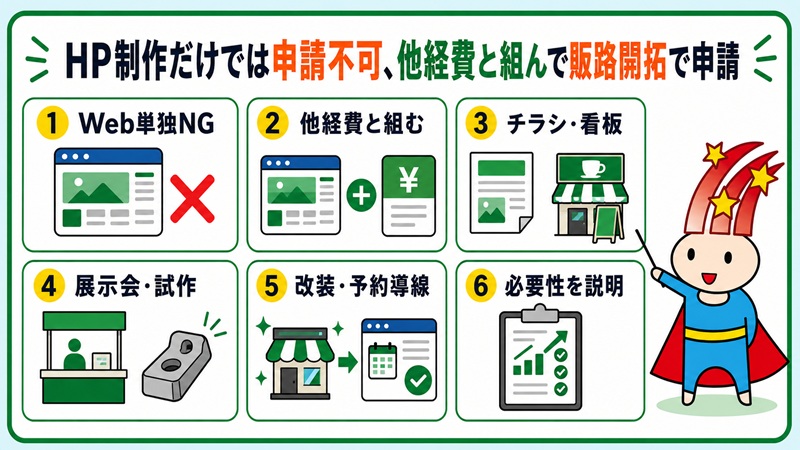 ホームページ制作だけでは申請不可、他経費と組んで販路開拓で申請