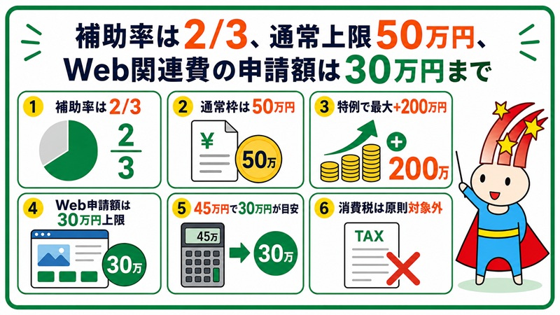 補助率は3分の2、通常上限50万円、Web関連費の申請額は30万円まで
