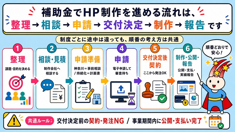 補助金でホームページ制作を進める流れは、整理→相談→申請→交付決定→制作→報告　です