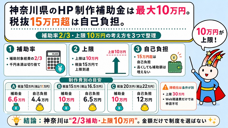神奈川県のホームページ制作補助金は最大10万円。税抜15万円超は自己負担。